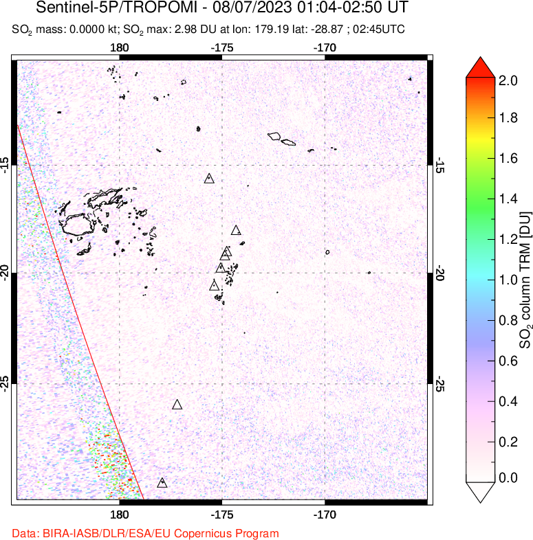 A sulfur dioxide image over Tonga, South Pacific on Aug 07, 2023.