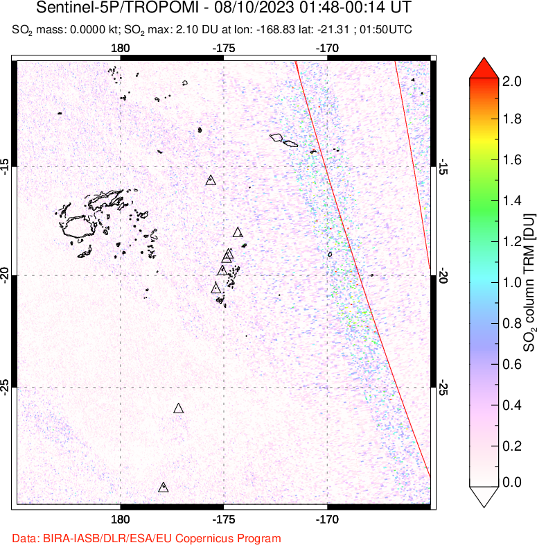 A sulfur dioxide image over Tonga, South Pacific on Aug 10, 2023.