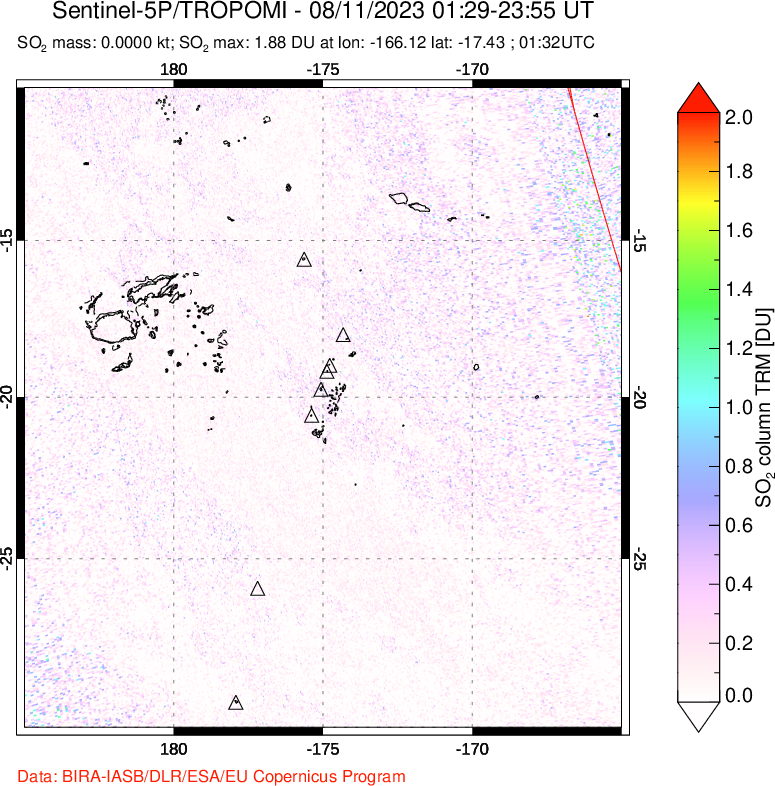 A sulfur dioxide image over Tonga, South Pacific on Aug 11, 2023.