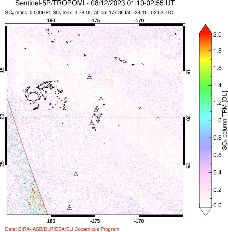 A sulfur dioxide image over Tonga, South Pacific on Aug 12, 2023.