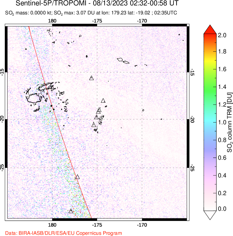 A sulfur dioxide image over Tonga, South Pacific on Aug 13, 2023.