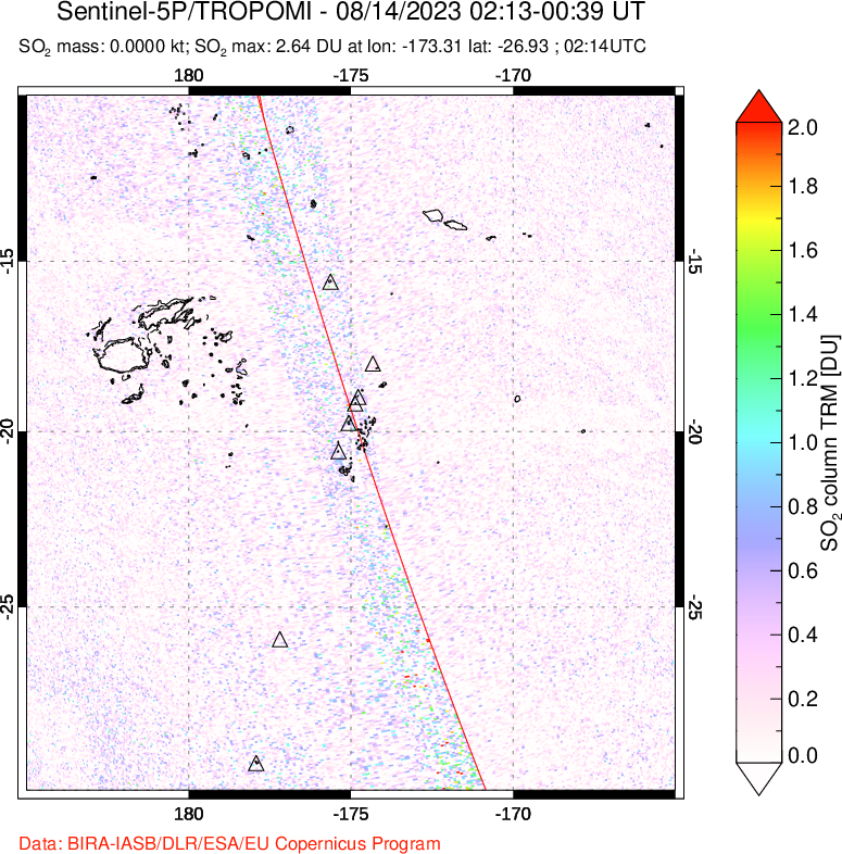 A sulfur dioxide image over Tonga, South Pacific on Aug 14, 2023.