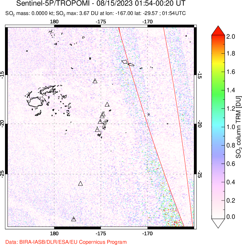 A sulfur dioxide image over Tonga, South Pacific on Aug 15, 2023.