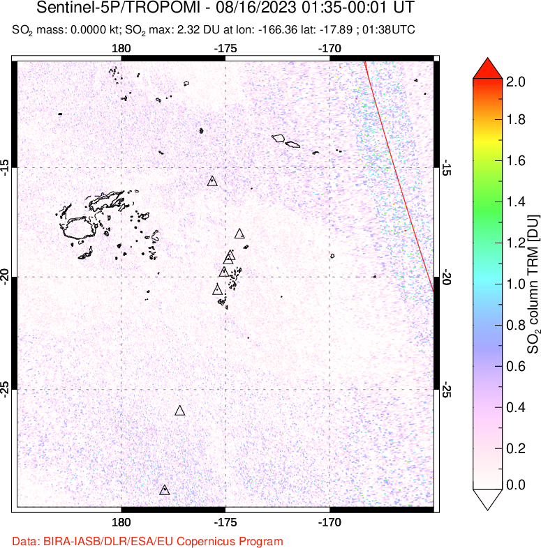 A sulfur dioxide image over Tonga, South Pacific on Aug 16, 2023.