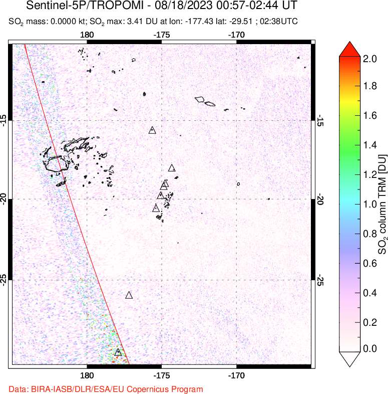 A sulfur dioxide image over Tonga, South Pacific on Aug 18, 2023.