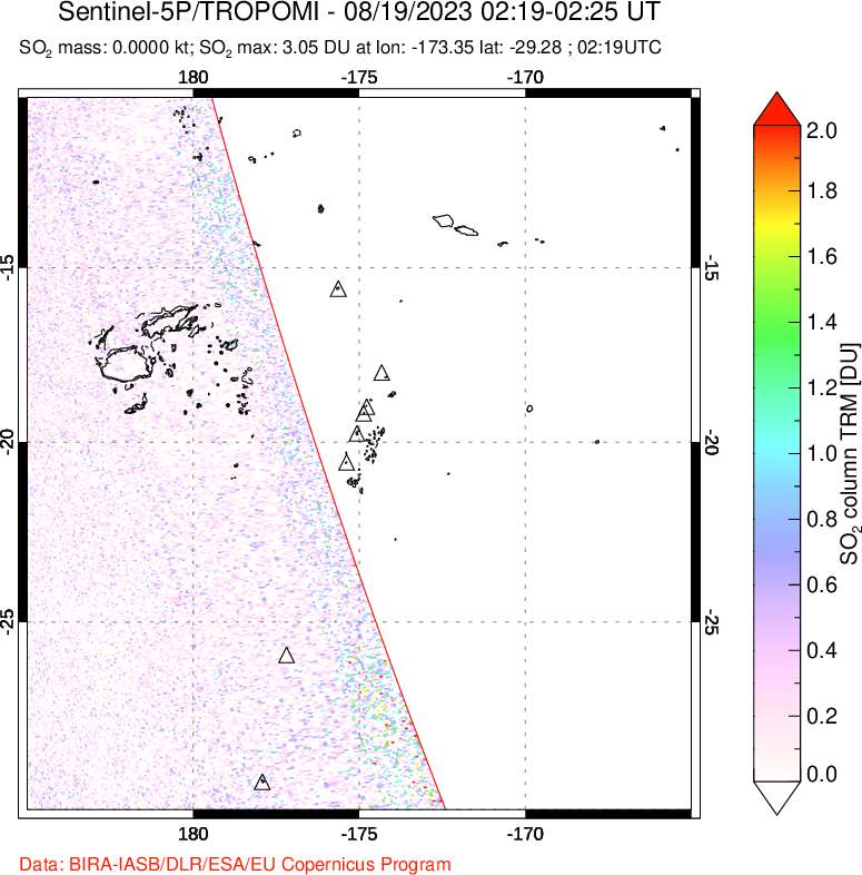 A sulfur dioxide image over Tonga, South Pacific on Aug 19, 2023.