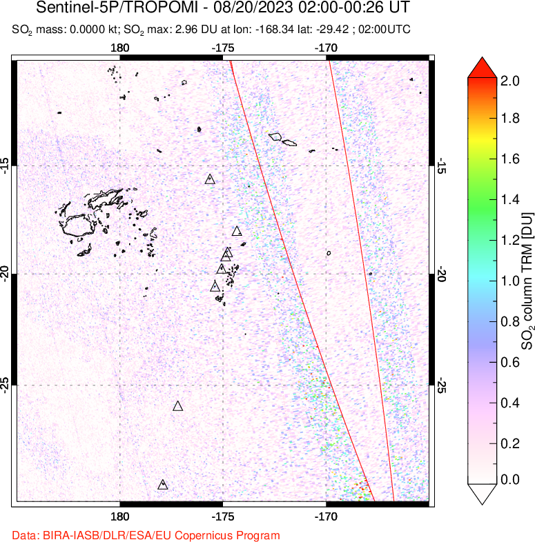 A sulfur dioxide image over Tonga, South Pacific on Aug 20, 2023.