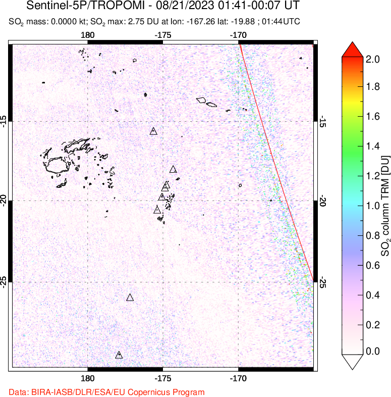 A sulfur dioxide image over Tonga, South Pacific on Aug 21, 2023.