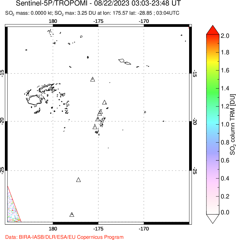 A sulfur dioxide image over Tonga, South Pacific on Aug 22, 2023.