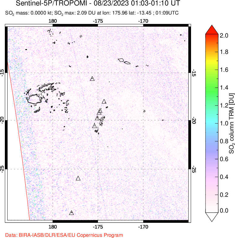 A sulfur dioxide image over Tonga, South Pacific on Aug 23, 2023.