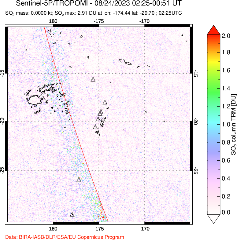 A sulfur dioxide image over Tonga, South Pacific on Aug 24, 2023.