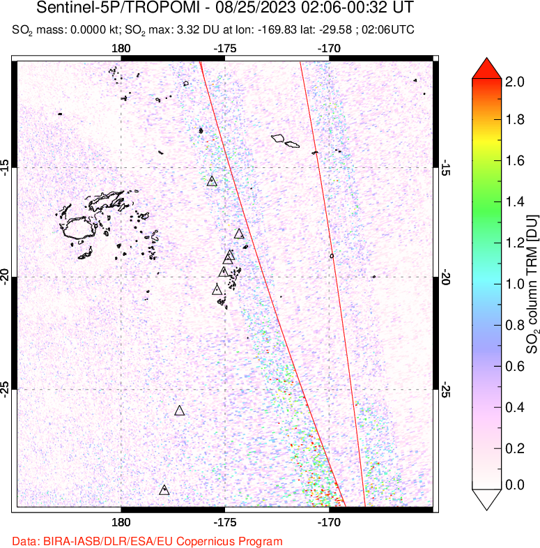 A sulfur dioxide image over Tonga, South Pacific on Aug 25, 2023.