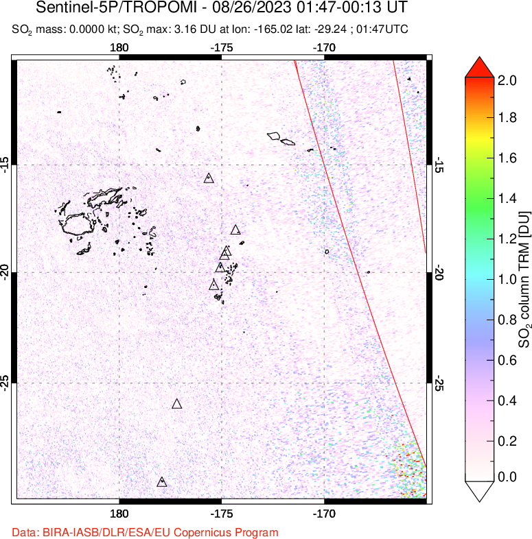 A sulfur dioxide image over Tonga, South Pacific on Aug 26, 2023.