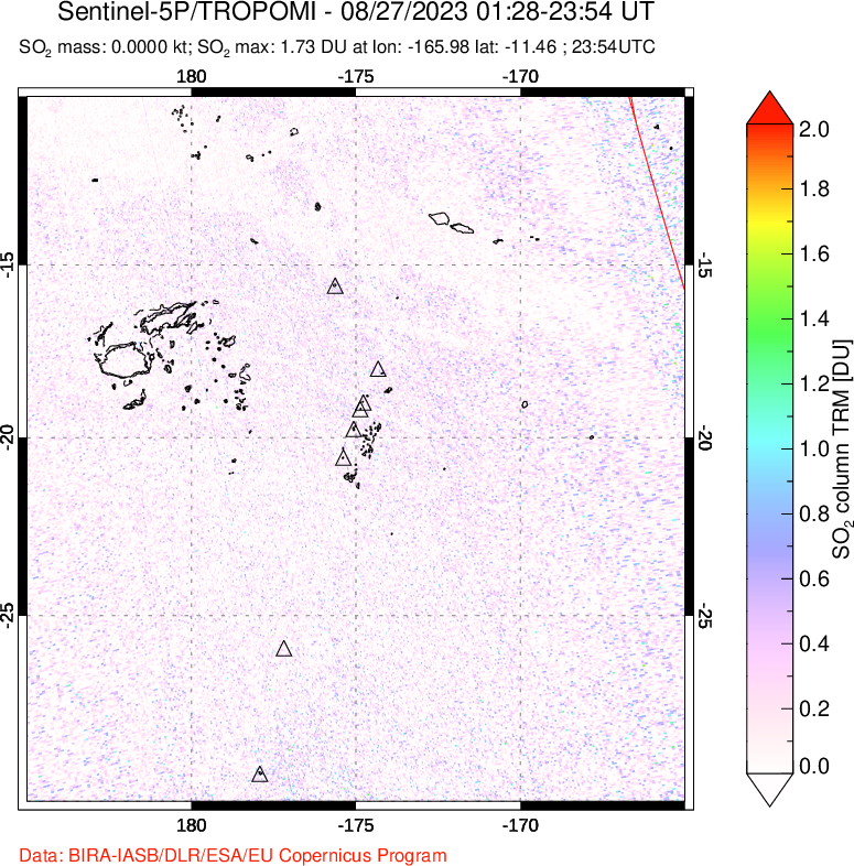 A sulfur dioxide image over Tonga, South Pacific on Aug 27, 2023.