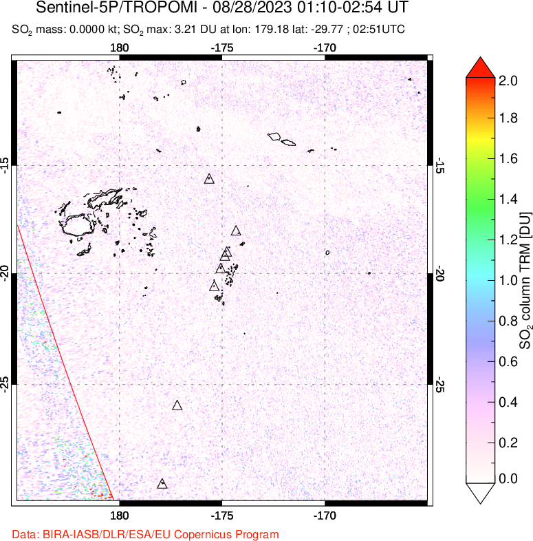 A sulfur dioxide image over Tonga, South Pacific on Aug 28, 2023.