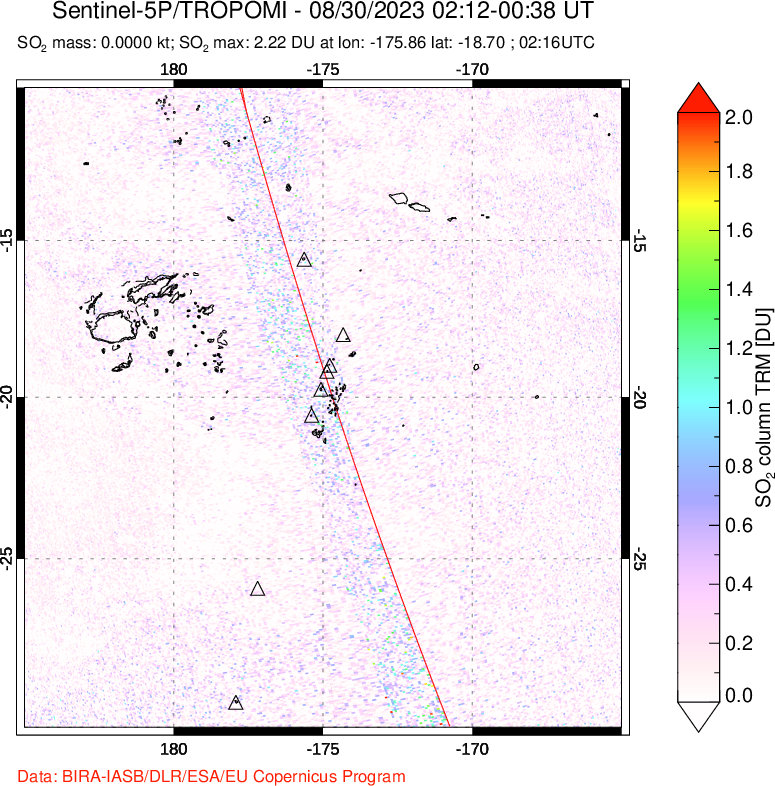 A sulfur dioxide image over Tonga, South Pacific on Aug 30, 2023.