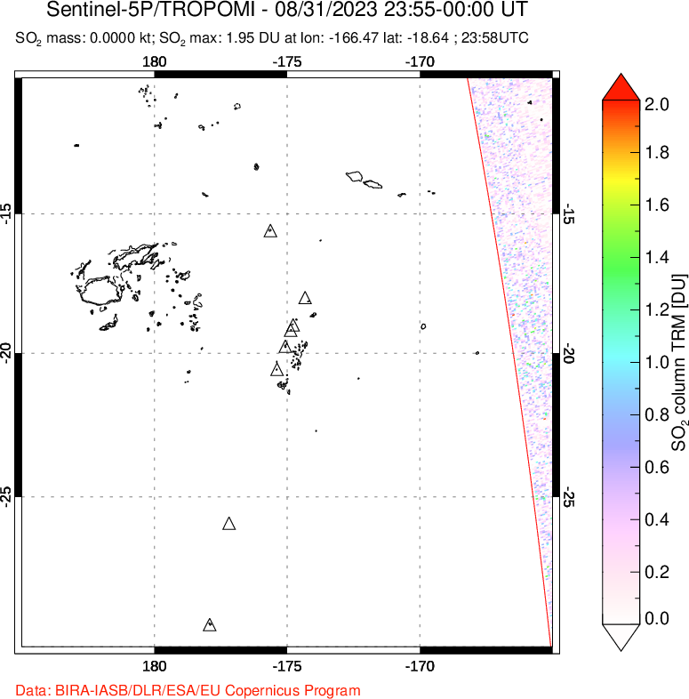 A sulfur dioxide image over Tonga, South Pacific on Aug 31, 2023.