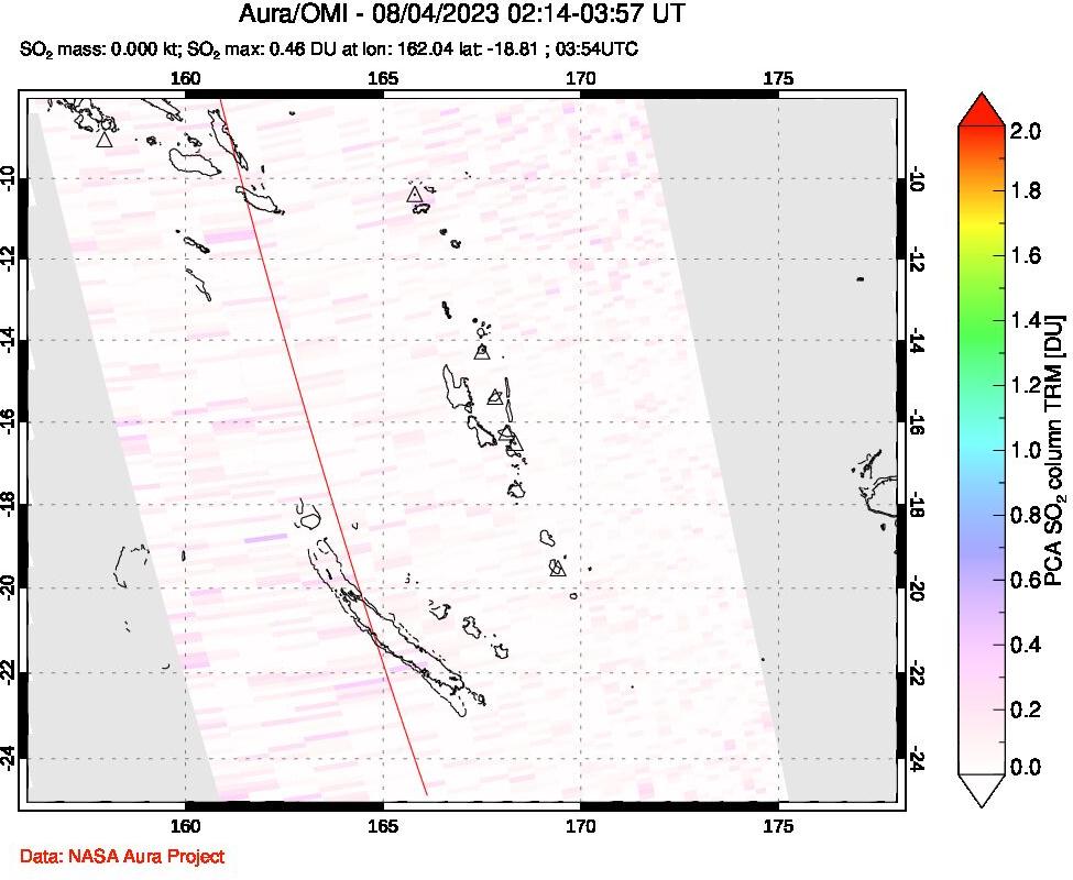 A sulfur dioxide image over Vanuatu, South Pacific on Aug 04, 2023.