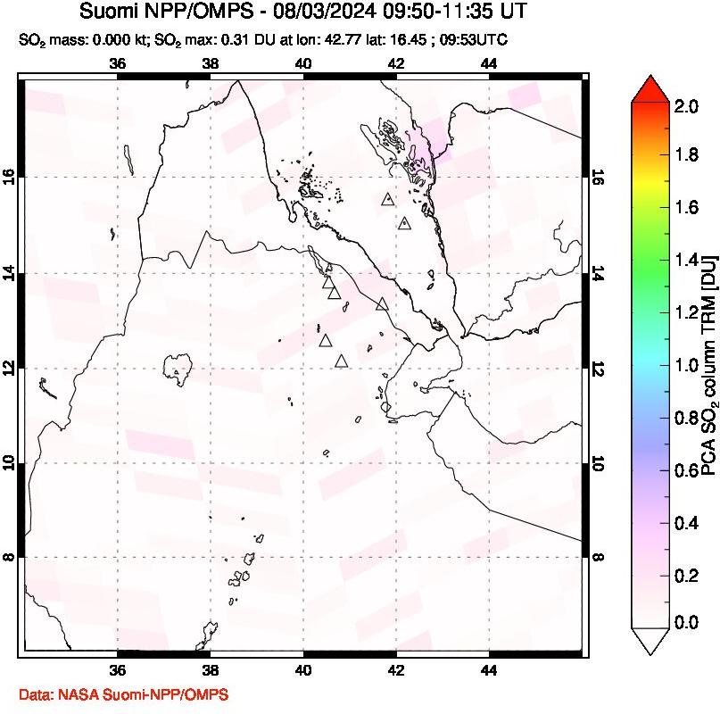 A sulfur dioxide image over Afar and southern Red Sea on Aug 03, 2024.