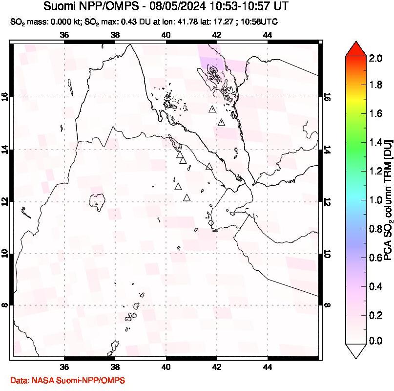 A sulfur dioxide image over Afar and southern Red Sea on Aug 05, 2024.