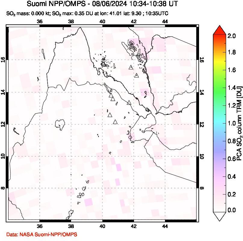 A sulfur dioxide image over Afar and southern Red Sea on Aug 06, 2024.