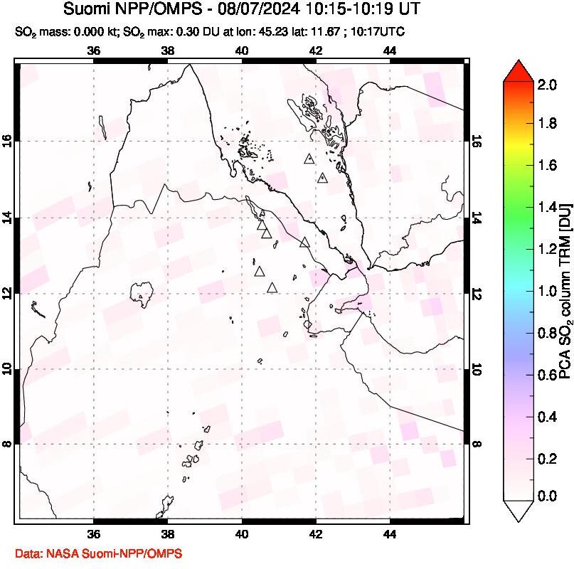 A sulfur dioxide image over Afar and southern Red Sea on Aug 07, 2024.