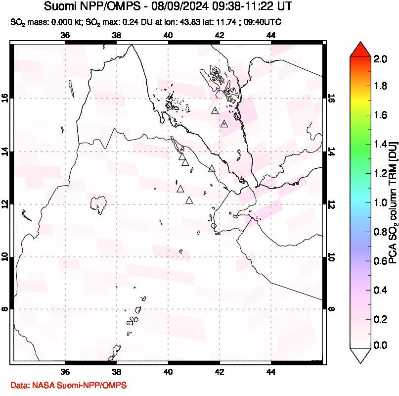 A sulfur dioxide image over Afar and southern Red Sea on Aug 09, 2024.