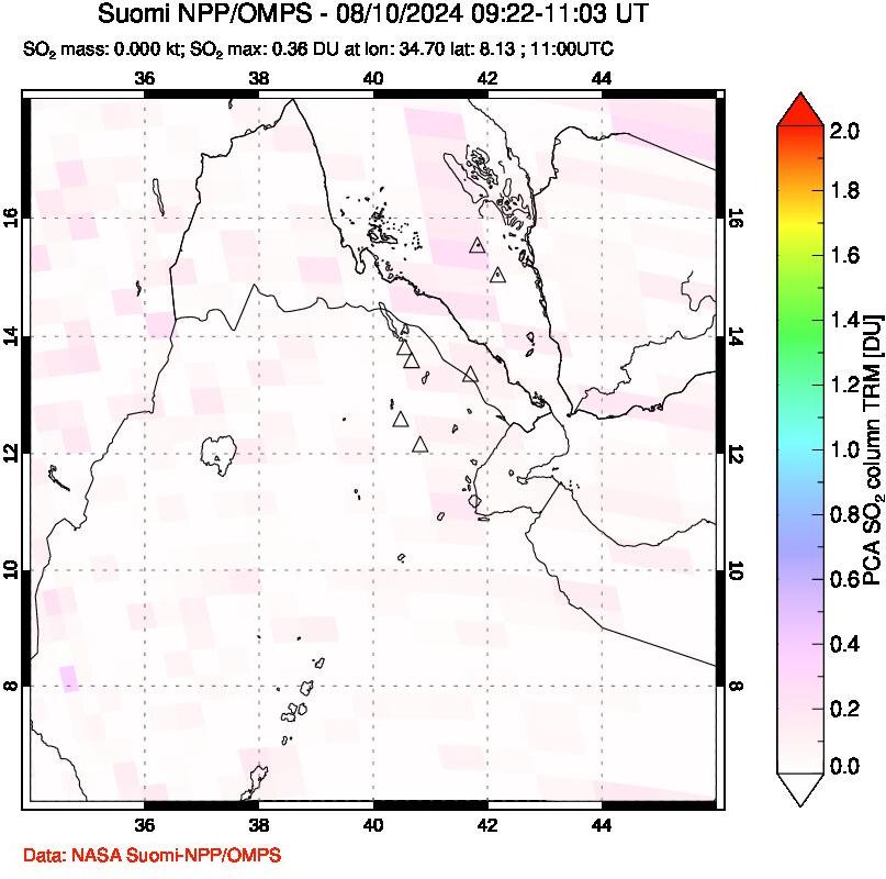 A sulfur dioxide image over Afar and southern Red Sea on Aug 10, 2024.