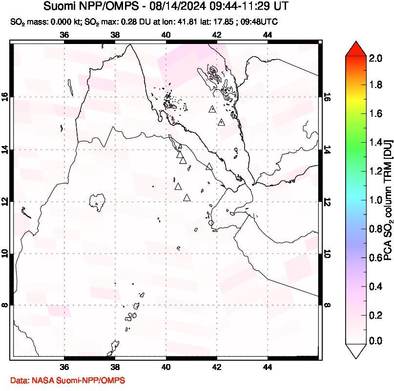 A sulfur dioxide image over Afar and southern Red Sea on Aug 14, 2024.