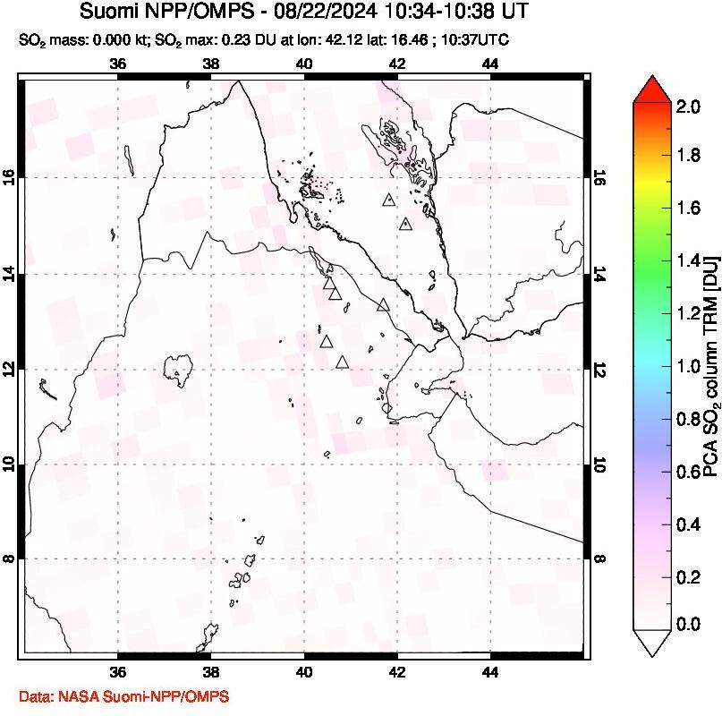 A sulfur dioxide image over Afar and southern Red Sea on Aug 22, 2024.