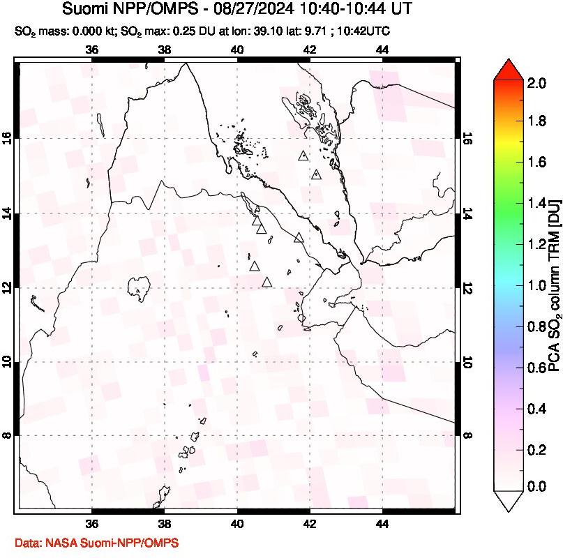 A sulfur dioxide image over Afar and southern Red Sea on Aug 27, 2024.