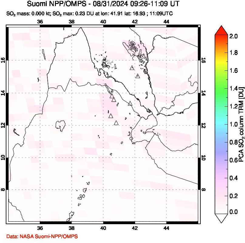 A sulfur dioxide image over Afar and southern Red Sea on Aug 31, 2024.