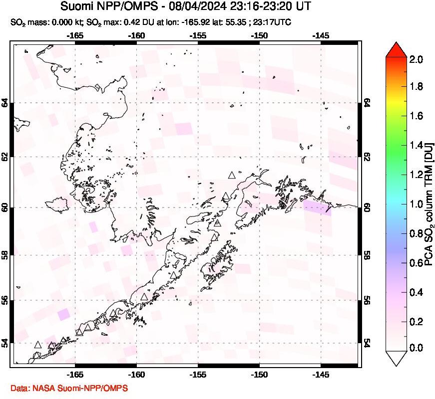 A sulfur dioxide image over Alaska, USA on Aug 04, 2024.