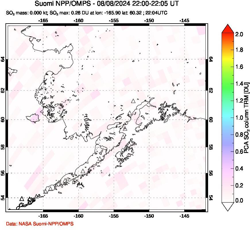 A sulfur dioxide image over Alaska, USA on Aug 08, 2024.