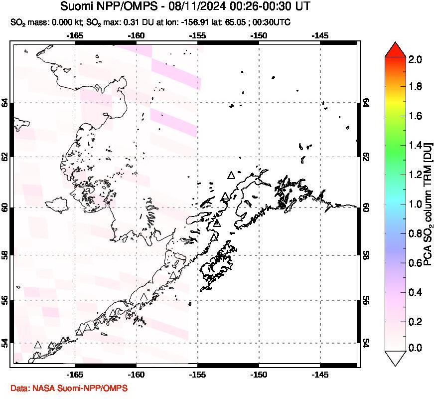 A sulfur dioxide image over Alaska, USA on Aug 11, 2024.