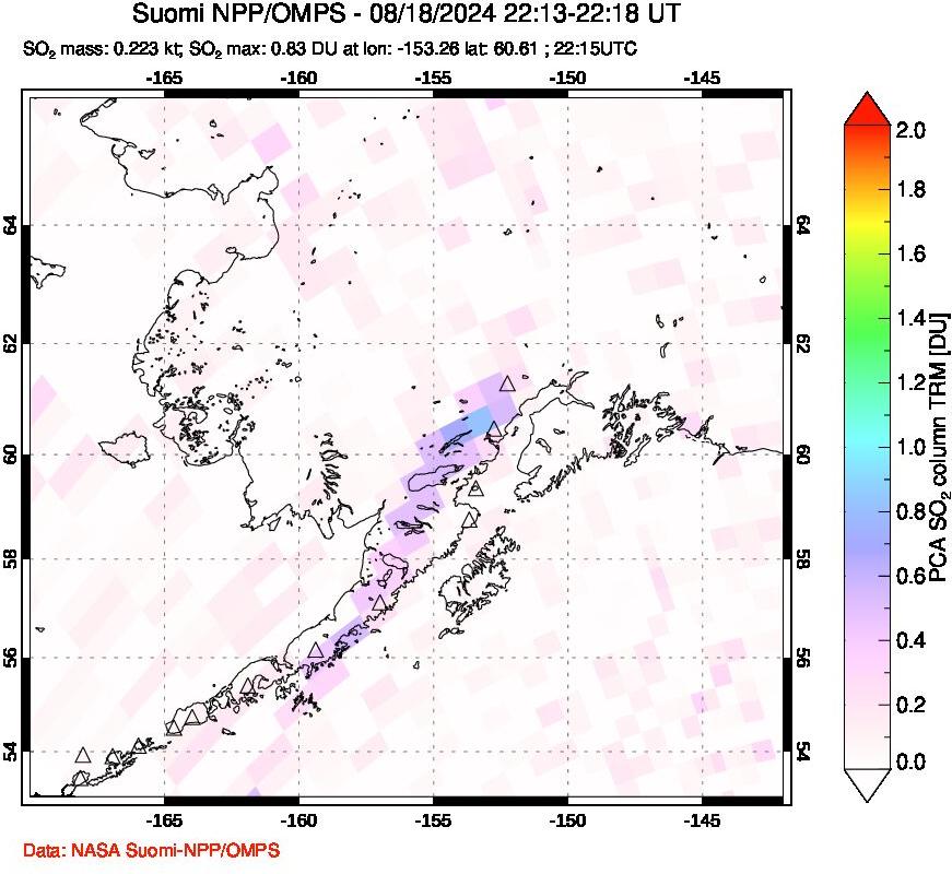 A sulfur dioxide image over Alaska, USA on Aug 18, 2024.