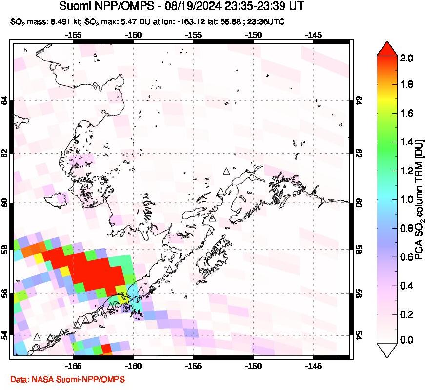 A sulfur dioxide image over Alaska, USA on Aug 19, 2024.