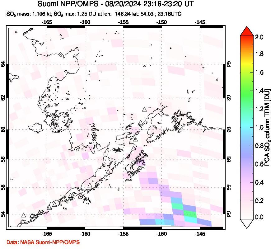 A sulfur dioxide image over Alaska, USA on Aug 20, 2024.