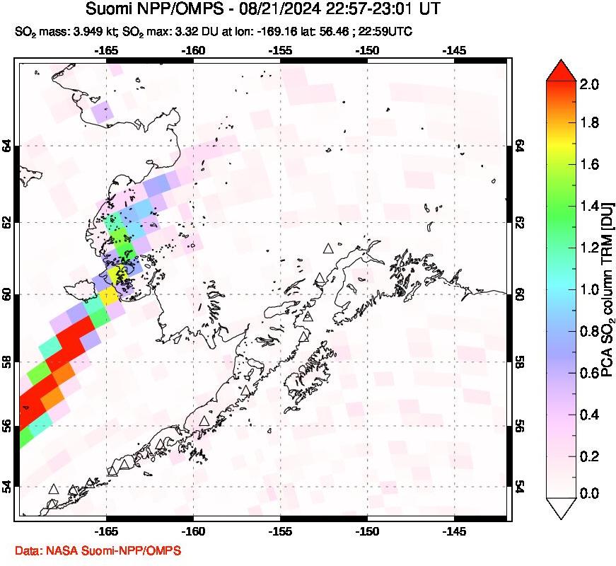 A sulfur dioxide image over Alaska, USA on Aug 21, 2024.