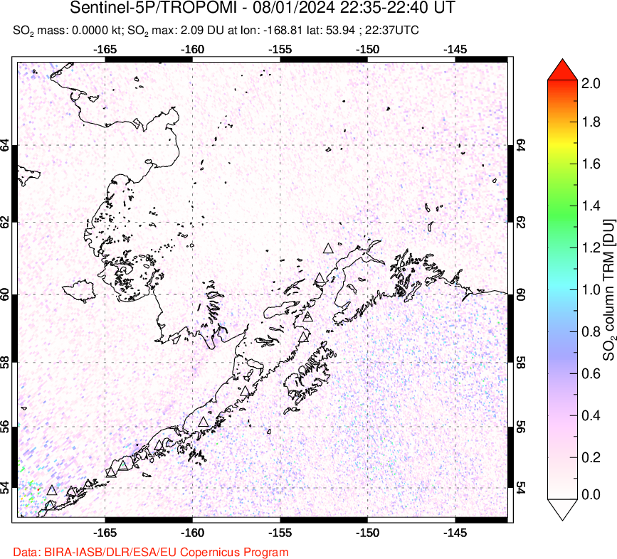 A sulfur dioxide image over Alaska, USA on Aug 01, 2024.