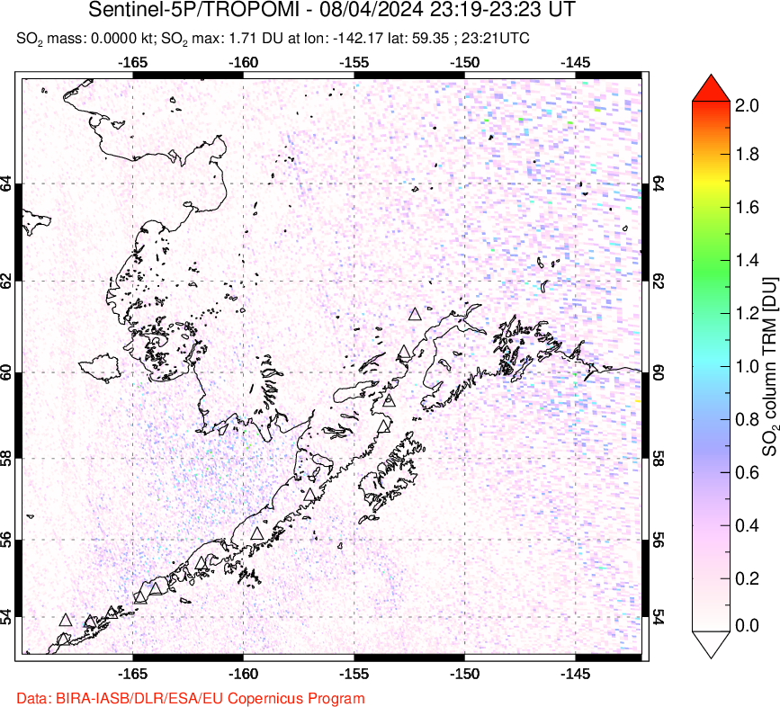 A sulfur dioxide image over Alaska, USA on Aug 04, 2024.