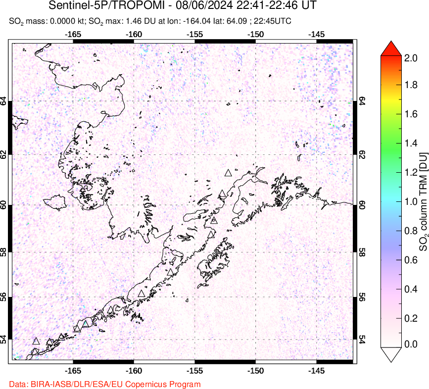 A sulfur dioxide image over Alaska, USA on Aug 06, 2024.