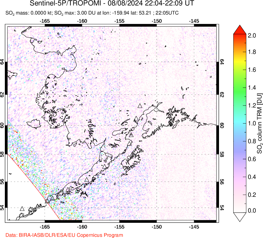 A sulfur dioxide image over Alaska, USA on Aug 08, 2024.