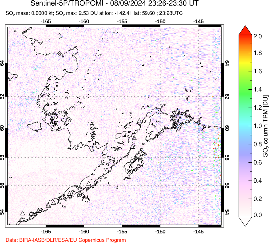 A sulfur dioxide image over Alaska, USA on Aug 09, 2024.