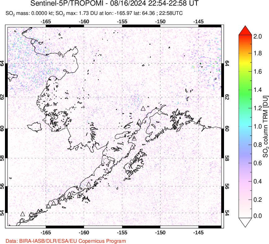 A sulfur dioxide image over Alaska, USA on Aug 16, 2024.