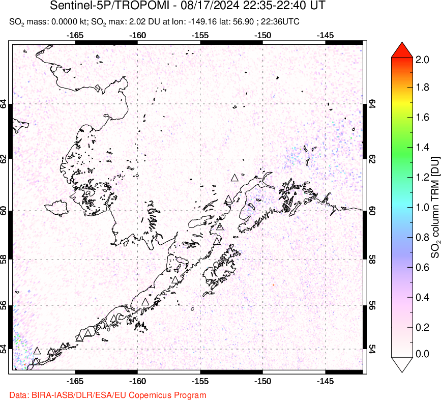 A sulfur dioxide image over Alaska, USA on Aug 17, 2024.