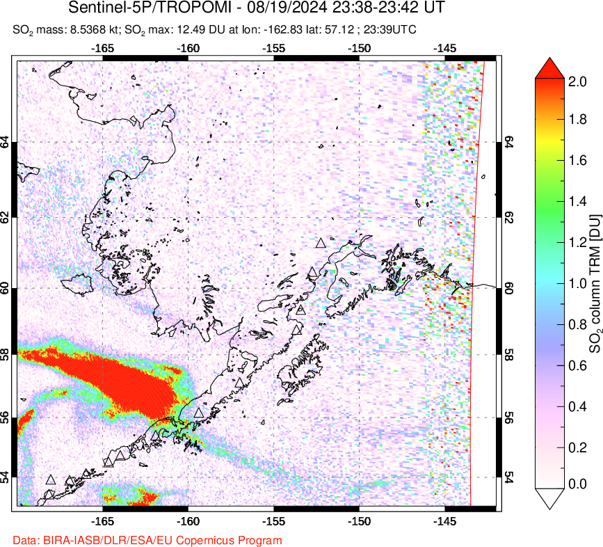 A sulfur dioxide image over Alaska, USA on Aug 19, 2024.