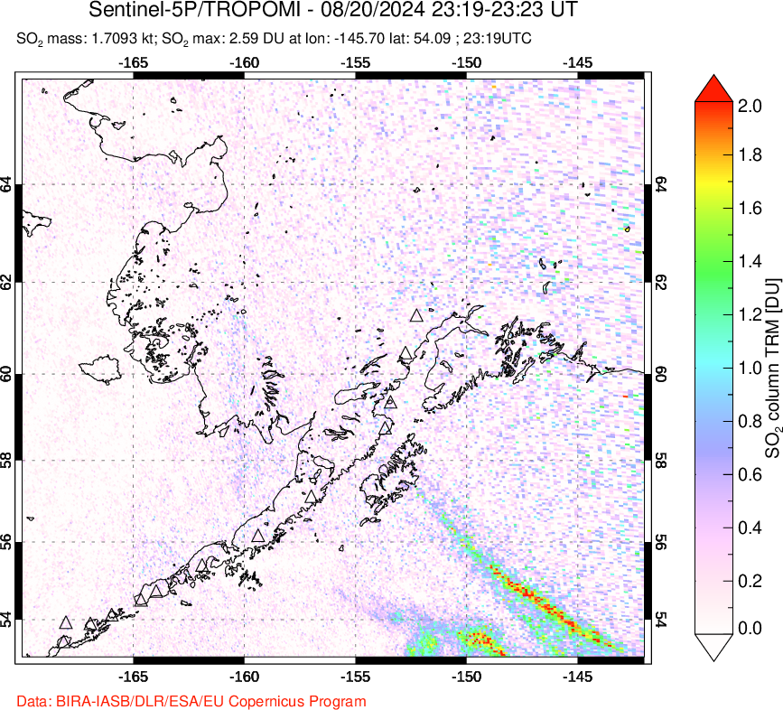 A sulfur dioxide image over Alaska, USA on Aug 20, 2024.