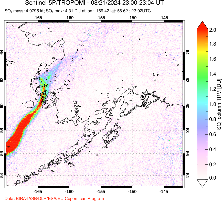 A sulfur dioxide image over Alaska, USA on Aug 21, 2024.