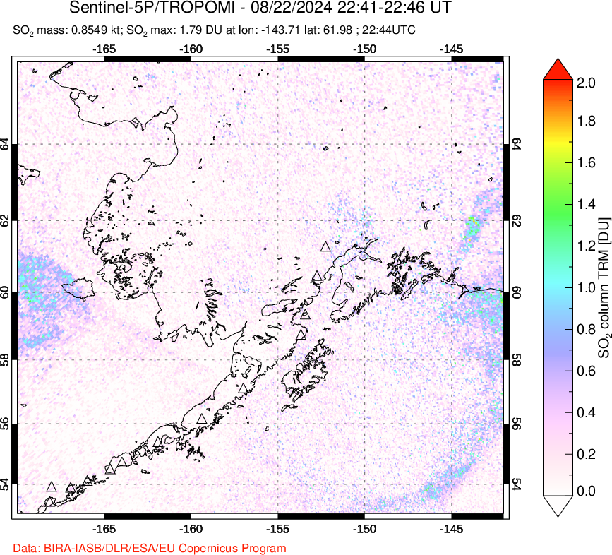 A sulfur dioxide image over Alaska, USA on Aug 22, 2024.